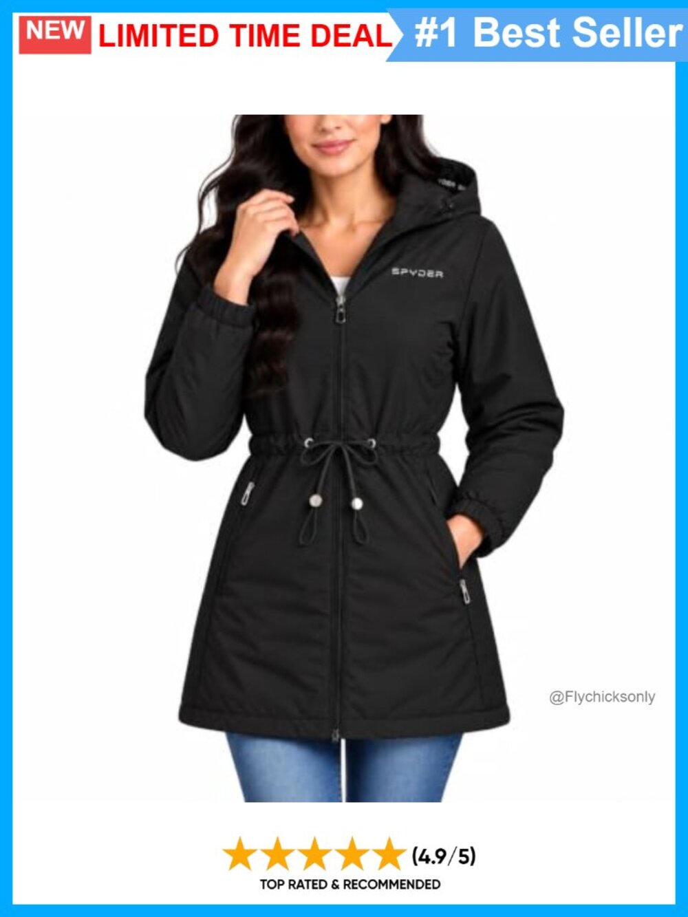 Womens Hooded Longline Windbreaker Insulated Cinched Waist Rain Jacket